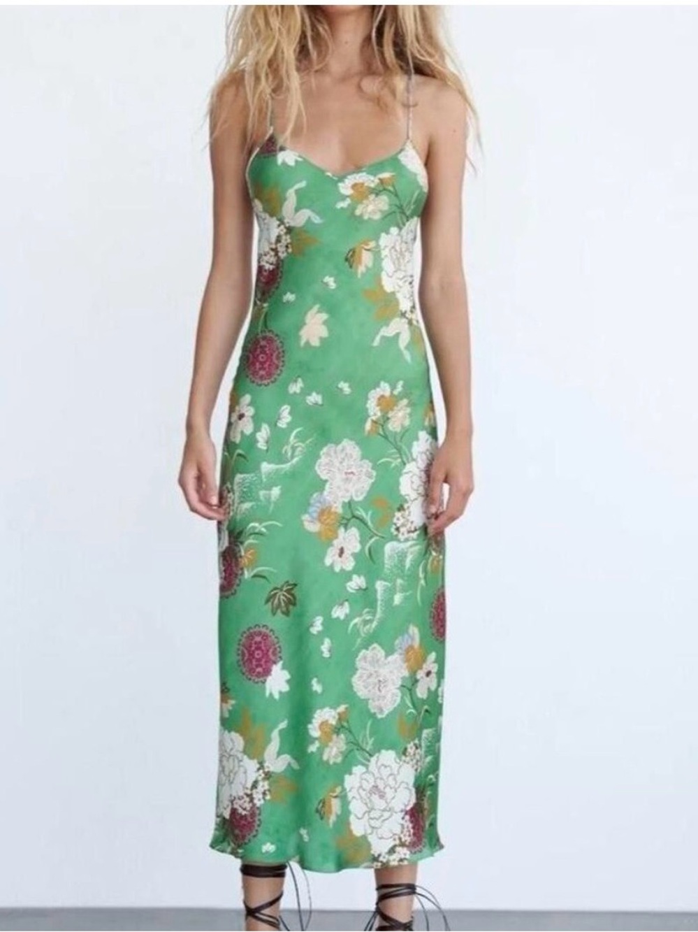 Zara Green Floral Slip Midi Dress